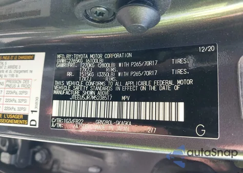 2021 Toyota 4Runner Sr5 z USA, uszkodzony, nr VIN JTEEU5JR7M5238517